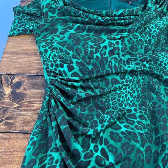 David Meister Dress Women's Sz 6 Green Black Animal Print Career Sheath Ruched - Picture 4 of 12